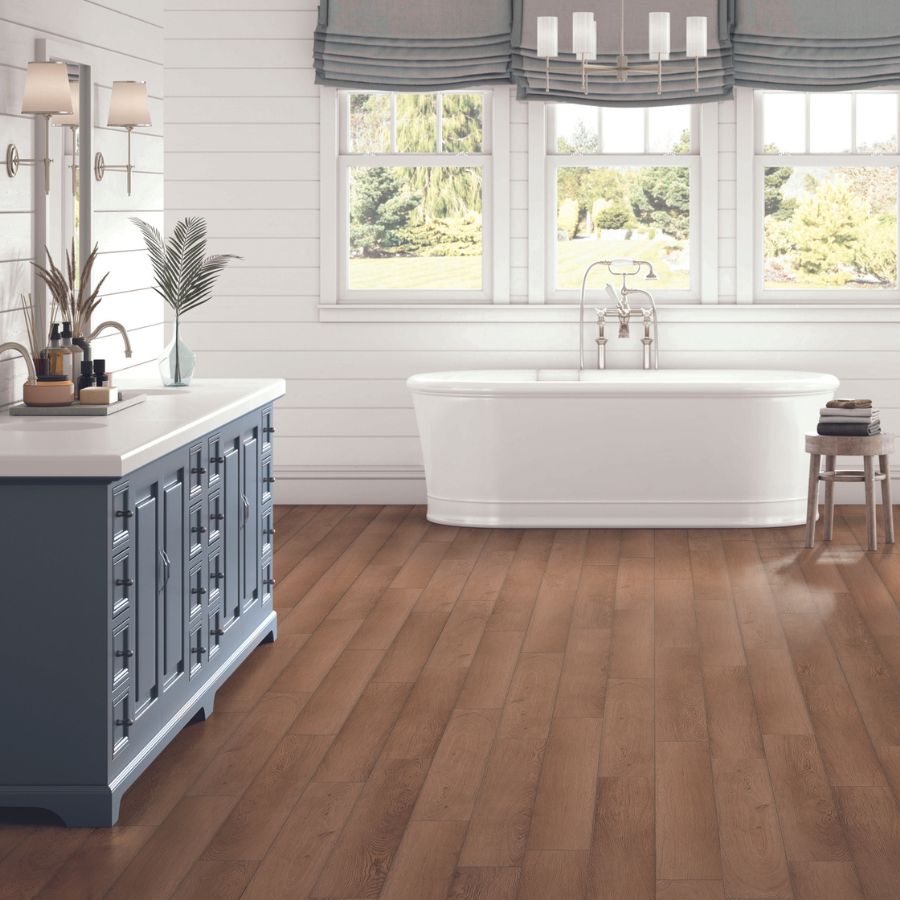 bathroom white bath, wood flooring